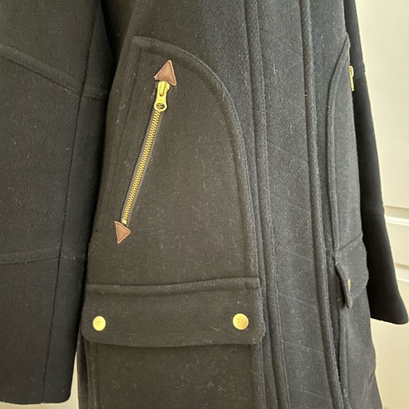 J. Crew Women's Black Stadium Cloth Wool Coat with Faux Fur Hood Size 0 - Picture 6 of 10